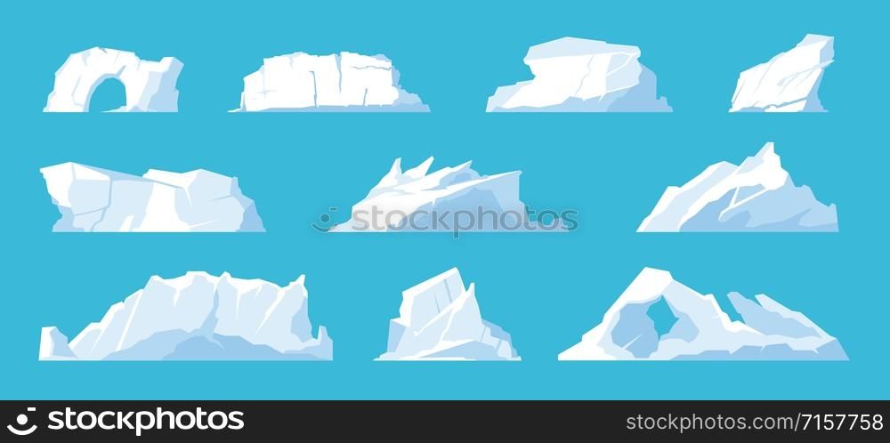Icebergs. Arctic and North Pole landscape elements, melting ice mountains and glaciers, snow caps and freeze ocean. Vector set illustration ice mountain in travelling on Antarctica. Icebergs. Arctic and North Pole landscape elements, melting ice mountains and glaciers, snow caps and freeze ocean. Vector set