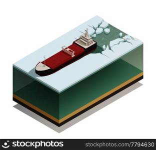 Icebreaker ship afloat breaking ice with thick water layer beneath vessel isometric model composition vector illustration . Icebreaker Ship Afloat Isometric Model