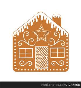 Iced gingerbread house with chimney. Traditional Christmas cookie isolated on white background. Vector flat illustration.. Iced gingerbread house with chimney. Traditional Christmas cookie isolated on white background. Vector flat illustration