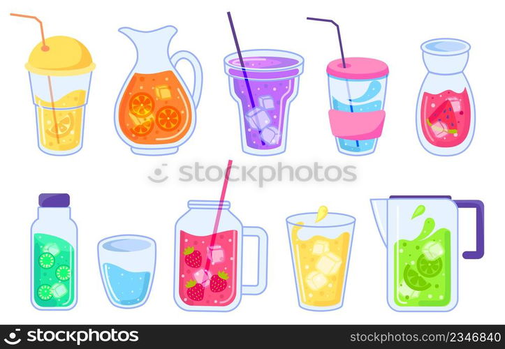 Iced summer drinks, fruit lemonade and nonalcoholic cocktails. Summertime drink in jar or glass, cocktail with fruits and ice vector set. Beverage with citrus slices, strawberry, watermelon. Iced summer drinks, fruit lemonade and nonalcoholic cocktails. Summertime drink in jar or glass, cocktail with fruits and ice vector set