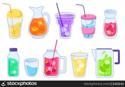 Iced summer drinks, fruit lemonade and nonalcoholic cocktails. Summertime drink in jar or glass, cocktail with fruits and ice vector set. Beverage with citrus slices, strawberry, watermelon. Iced summer drinks, fruit lemonade and nonalcoholic cocktails. Summertime drink in jar or glass, cocktail with fruits and ice vector set
