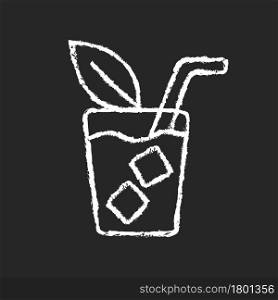 Iced tea chalk white icon on dark background. Refreshing summer beverage served in glass. Cold sweet drink with lemon and ice cubes. Bottled ice tea. Isolated vector chalkboard illustration on black. Iced tea chalk white icon on dark background