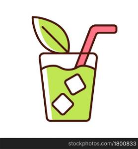 Iced tea RGB color icon. Refreshing summer beverage served in glass. Cold sweet drink with lemon and ice cubes. Bottled ice tea. Isolated vector illustration. Simple filled line drawing. Iced tea RGB color icon