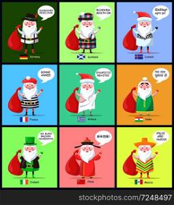 Iceland and France, Santa Clauses representations and translated greeting happy New Year in different languages, isolated on vector illustration. Iceland France Santa Clauses Vector Illustration