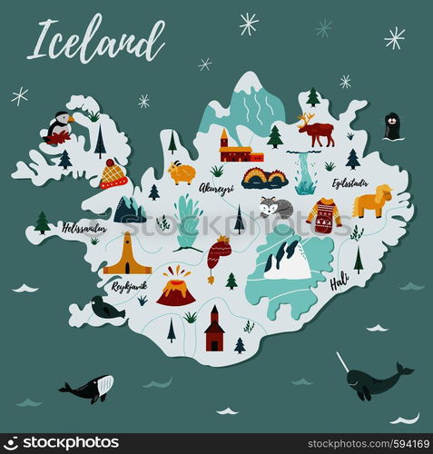 Iceland cartoon vector map. Travel illustration with landmarks, animals ...