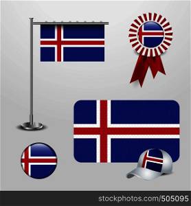 Iceland Country Flag haning on pole, Ribbon Badge Banner, sports Hat and Round Button. Vector EPS10 Abstract Template background