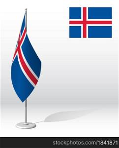 Iceland flag on flagpole for registration of solemn event, meeting foreign guests. National independence day of Iceland. Realistic 3D vector on white