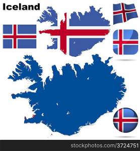 Iceland vector set. Detailed country shape with region borders, flags and icons isolated on white background.