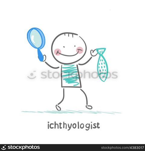 ichthyologist holding a magnifying glass and fish