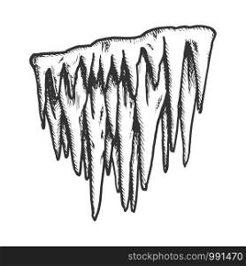 Icicle Stalactite Frost Element Monochrome Vector. Glacial Subfreezing Weather, Vertical Icy Stalactite. House Winter Decoration Engraving Mockup Designed In Vintage Style Black And White Illustration. Icicle Stalactite Frost Element Monochrome Vector