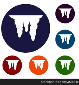 Icicles icons set in flat circle reb, blue and green color for web. Icicles icons set