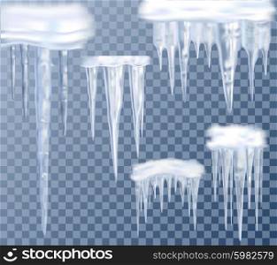 Icicles Transparent Set. Realistic big icicles transparent set for decoration isolated vector illustration