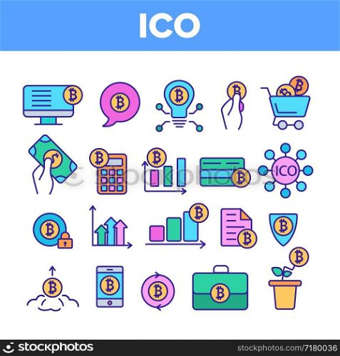 ICO, Bitcoin Vector Thin Line Icons Set. ICO, Initial Coin Offering, Bitcoin Transactions Linear Pictograms. Cryptocurrency, Blockchain, Digital Money Operations, Income Growth Contour Illustrations. ICO, Bitcoin Vector Thin Line Icons Set