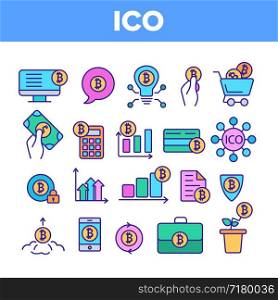 ICO, Bitcoin Vector Thin Line Icons Set. ICO, Initial Coin Offering, Bitcoin Transactions Linear Pictograms. Cryptocurrency, Blockchain, Digital Money Operations, Income Growth Contour Illustrations. ICO, Bitcoin Vector Thin Line Icons Set