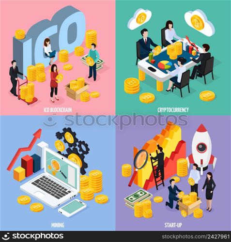 ICO blockchain isometric design concept with teamwork, cryptocurrency mining, marketing research and startup isolated vector illustration . ICO Blockchain Isometric Design Concept