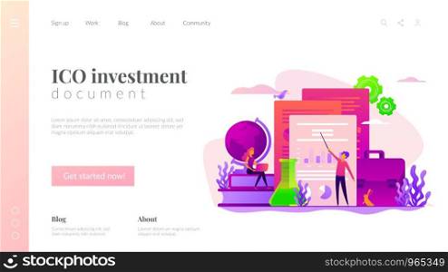 ICO investment document, startup business strategy, product development plan and white paper concept. Website interface UI template. Landing web page with infographic concept creative hero header image.. White paper landing page template.