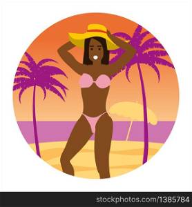Icon activty on ocean sea summer girl in a hat sunbathes. Icon activty on ocean sea summer girl in a hat sunbathes. Vacation trip holiday beach , surf, palms, flora, sunbathing. Vector flat cartoon isolated illustration