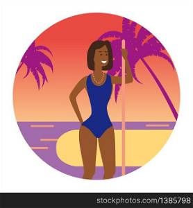 Icon activty on ocean sea summer girl with a paddle. Icon activty on ocean sea summer girl with a paddle. Vacation trip holiday beach , surf, palms, flora, sunbathing. Vector flat cartoon isolated illustration