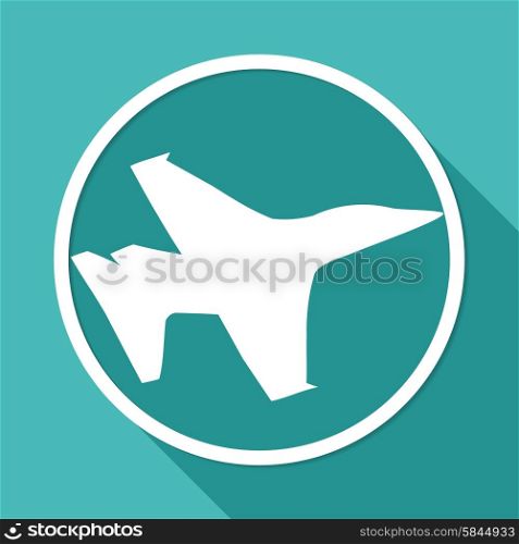 Icon airplane on white circle with a long shadow