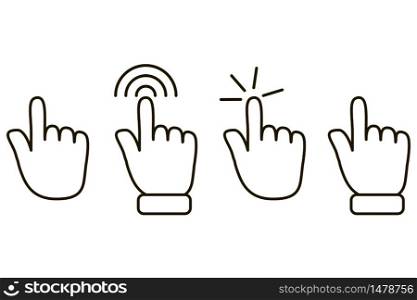 Icon click with your finger. Vector image, touch here. Hand push to the point. Stock Photo.