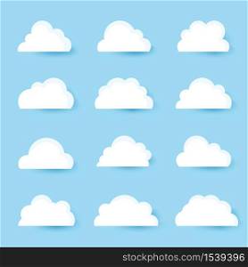 Icon clouds floating on the blue sky. There are 12 unique styles. Flat cartoon paper, white and soft.