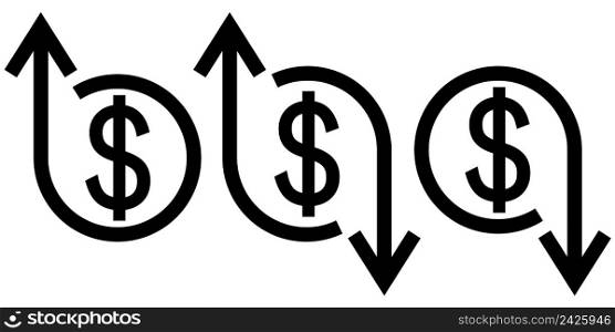 Icon crisis and development flourishing, vector dollar sign and arrow up and down, concept of economic crisis and business development