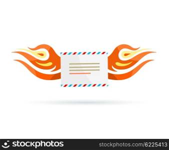 Icon delivery. Envelope fire design. Free delivery icon, letter mail, burning envelope, communication fast, urgent hurry, send or receive letter delivery vector illustration