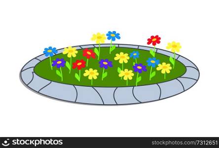 Icon depicting colorful round flowerbed cartoon style isolated vector illustration. Flowering plants in green grass surrounded by stone. Icon Sepicting Colorful Flowerbed Vector Cartoon