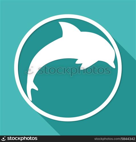 Icon dolphin on white circle with a long shadow