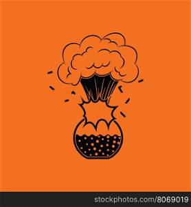 Icon explosion of chemistry flask. Orange background with black. Vector illustration.