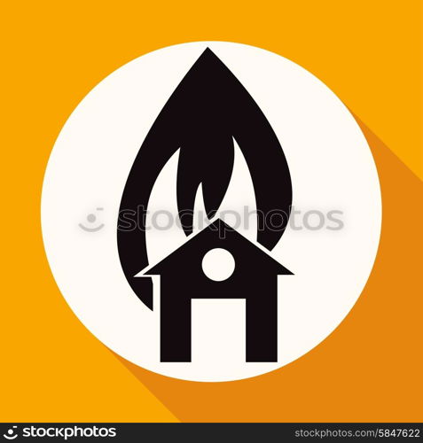 Icon fire warning on white circle with a long shadow