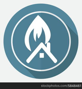 Icon fire warning on white circle with a long shadow