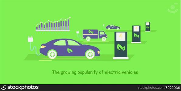 Icon flat development and growing popularity electric vehicles. Power technology, energy and electricity transportation, fuel future, alternative electrical illustration