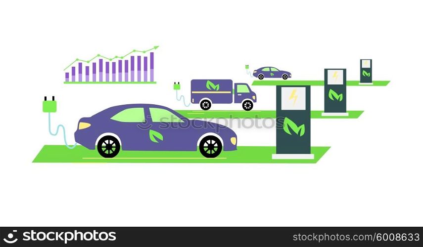 Icon flat development and growing popularity electric vehicles. Power technology, energy and electricity transportation, fuel future, alternative electrical illustration