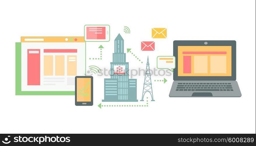 Icon flat place of technologies concentration. Internet network computer, connection wireless mobility, laptop communication, cloud society smart device illustration