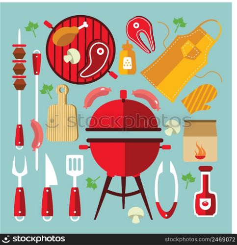 Icon flat set with different tools and accessories for picnic or party with BBQ vector illustration. Bbq Icon Flat Set
