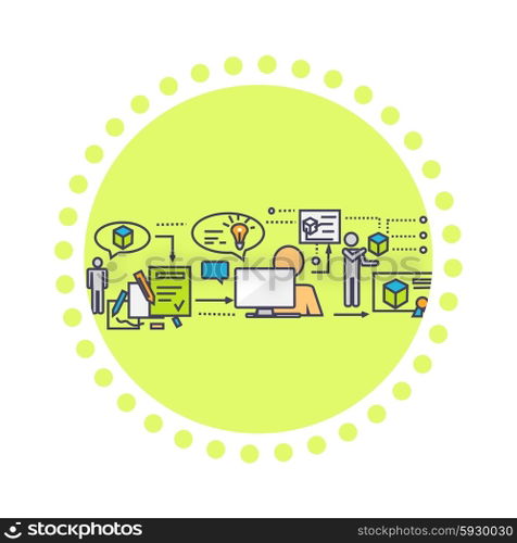 Icon flat style 3d development. Design project, work creative, process develop, construction and growth, technology and plan, progress and developer, build cube structure illustration
