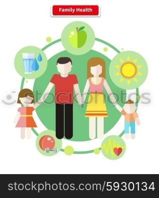 Icon flat style concept family health. Care human, child and parent, mother and father, boy and girl, healthy logo, sport and water, food and apple illustration