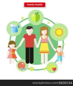Icon flat style concept family health. Care human, child and parent, mother and father, boy and girl, healthy logo, sport and water, food and apple illustration