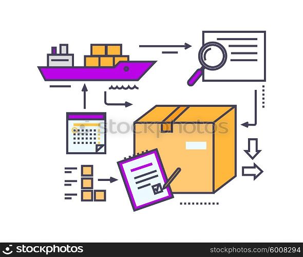 Icon flat style design maritime shipping. Ship and marine, nautical and travel, navigation transportation, vessel and transport, cargo label, business logistic, service export. Thin line outline icons