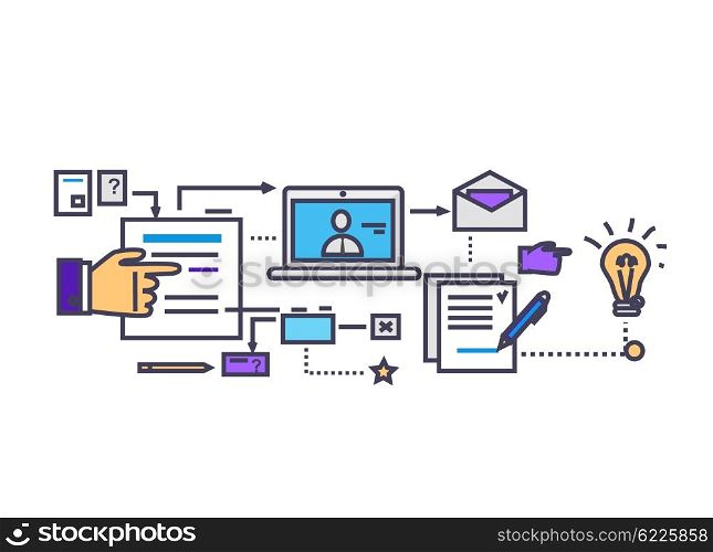 Icon flat style design search idea. Business management, development trend, digital information, strategy and planning, process and document, project promotion illustration. Thin line outline icons