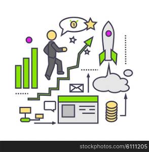 Icon flat style design successful startup. Business idea, development innovation progress, process and strategy, marketing company, management project, plan organization. Thin line outline icons
