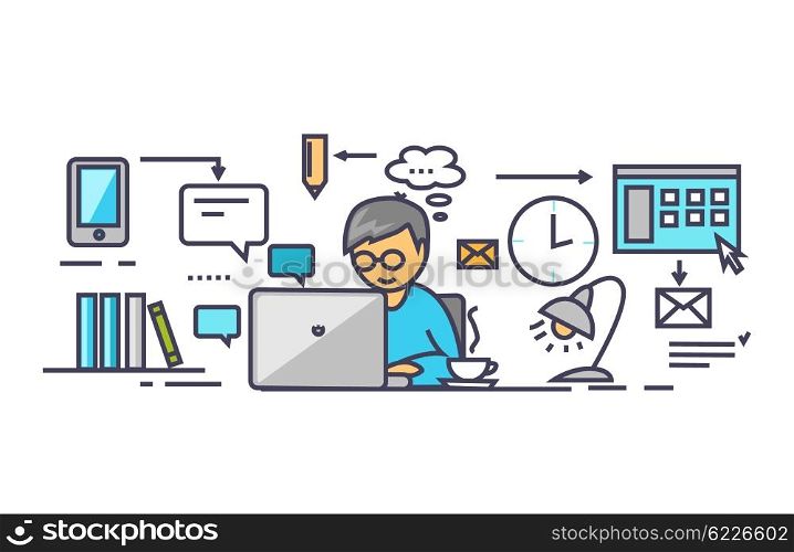 Icon flat style design work on project. Office and management, computer and development, organization workplace, strategy process, planning and designer person. Thin line outline icons