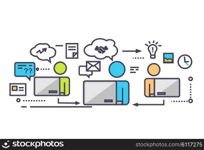 Icon flat style design working group. Business work, people team, teamwork office, communication corporate, manager and meeting, company and worker, community partnership. Thin line outline icons