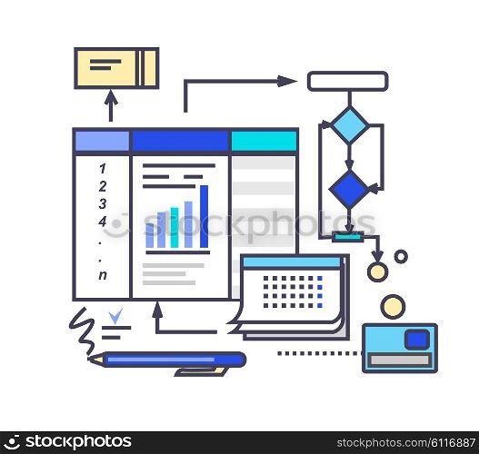 Icon flat style design working process. Business pdca, development and organization, management project, strategy and document, planning progress, workflow illustration. Thin line outline icons