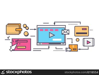 Icon flat style viral video and social marketing. Online internet, technology web communication, digital advertising promotion, service networking, play illustration. Thin line outline icons