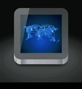 Icon for tablet computer with global communications world map on display. Dark background. Vector illustration.