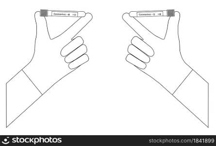 icon, hand in a glove holds test tubes with coronavirus tests. Positive and negative result. Isolated vector on white background