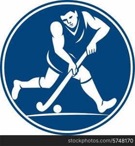 Icon illustration of a field hockey player running with stick striking ball viewed from side set inside circle done in retro style on isolated background. . Field Hockey Player Running With Stick Icon