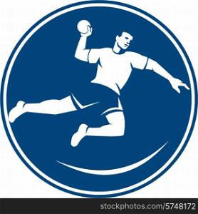 Icon illustration of a handball player jumping throwing ball scoring set inside circle on isolated background done in retro style.. Handball Player Jumping Throwing Ball Icon